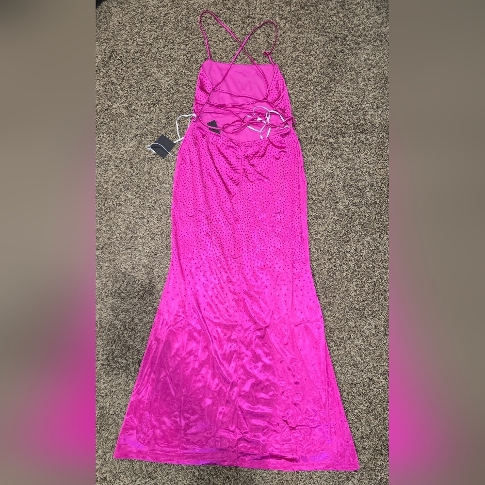 Lulus Radiant Stunner Hot Pink Satin Rhinestone Lace-Up Maxi Dress Size XL NWT - Picture 6 of 9
